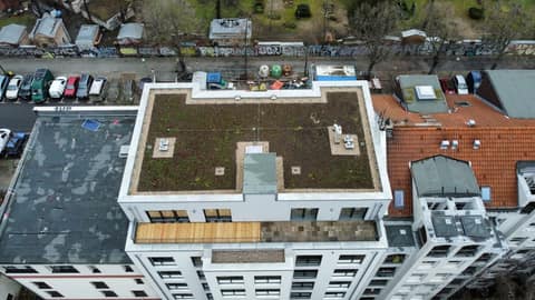 Aerial view of a completed residential building: planted flat roof with gravel margins, a roof terrace with timber decking below, neighbouring roofs all around