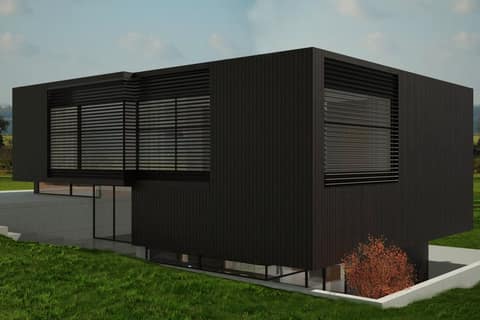 Visualisation of a dark-clad flat-roofed house with louvres in front of the windows