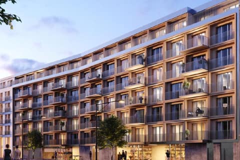 Visualisation of a multi-storey residential building with balconies and timber façade